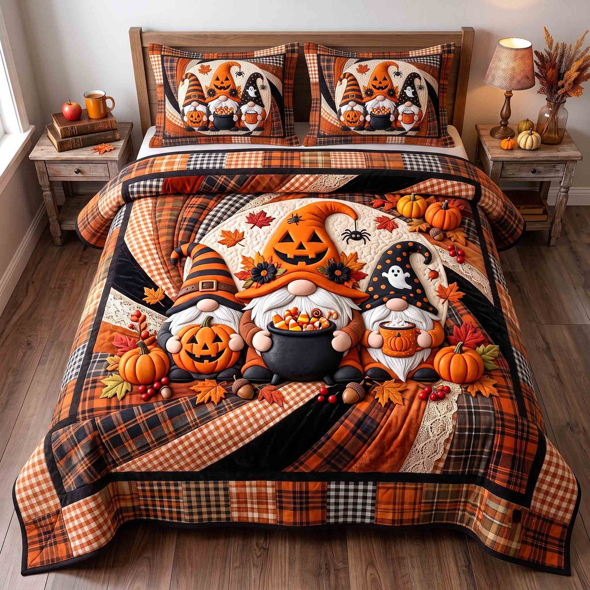 Gnome Halloween Magic quilted 3-piece bedding set on a made bed in a winter-styled bedroom