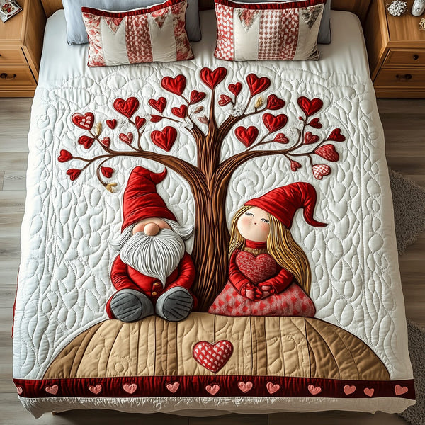 Gnome Harmony quilted 3-piece bedding set on a made bed in a winter-styled bedroom