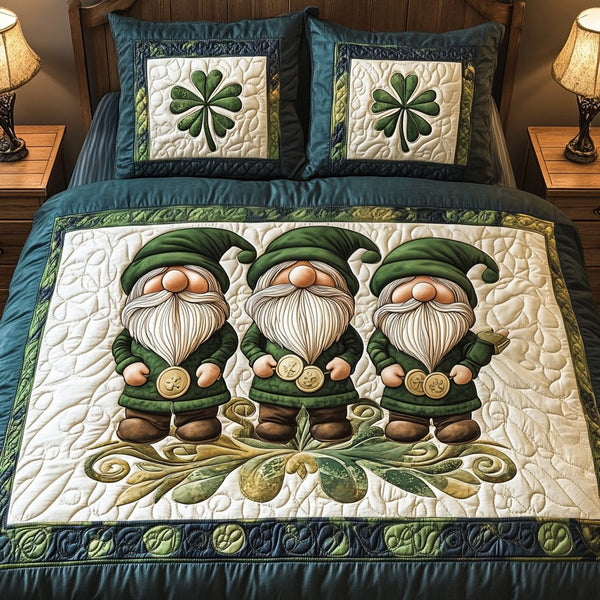 Gnome Harmony quilted 3-piece bedding set on a made bed in a winter-styled bedroom