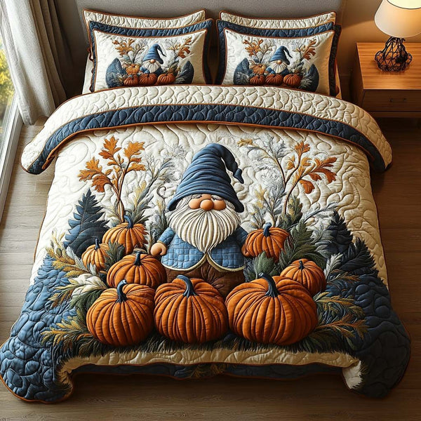 Gnome Harvest quilted 3-piece bedding set on a made bed in a winter-styled bedroom