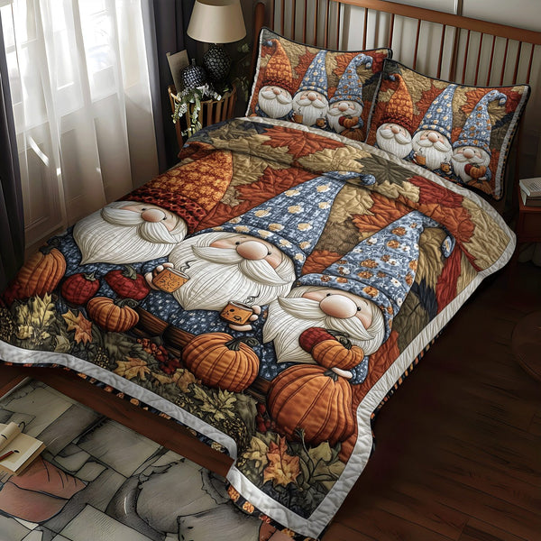 Gnome Harvest quilted 3-piece bedding set on a made bed in a winter-styled bedroom