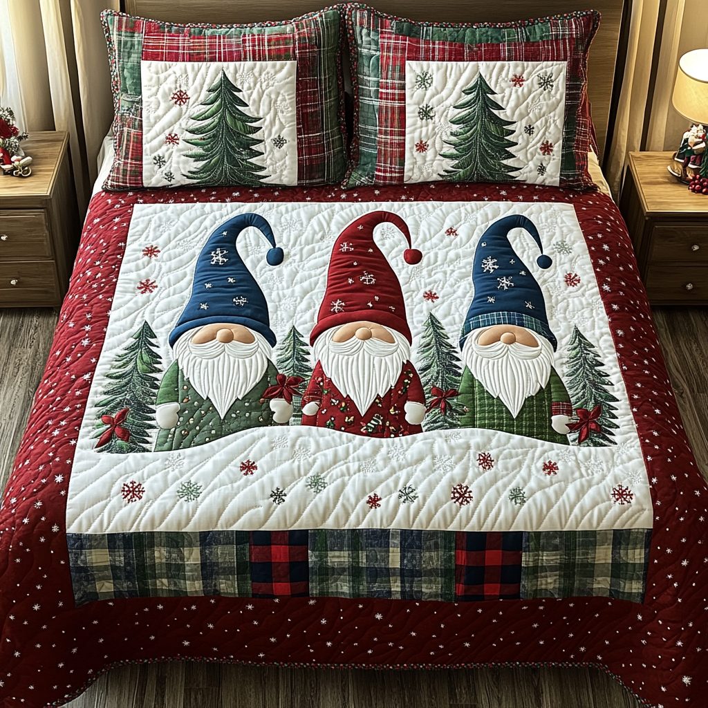 Gnome Haven quilted 3-piece bedding set on a made bed in a winter-styled bedroom