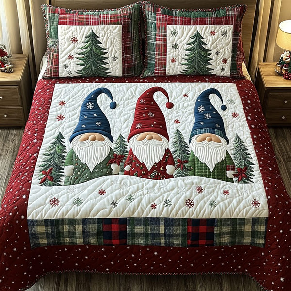 Gnome Haven quilted 3-piece bedding set on a made bed in a winter-styled bedroom