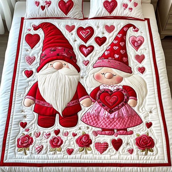 Gnome Heartstrings quilted 3-piece bedding set on a made bed in a winter-styled bedroom