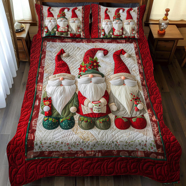 Gnome Home quilted 3-piece bedding set on a made bed in a winter-styled bedroom