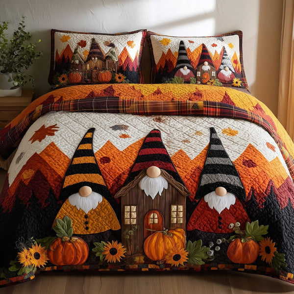 Gnome House quilted 3-piece bedding set on a made bed in a winter-styled bedroom