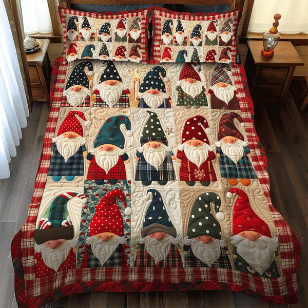 Gnome Huddle quilted 3-piece bedding set on a made bed in a winter-styled bedroom