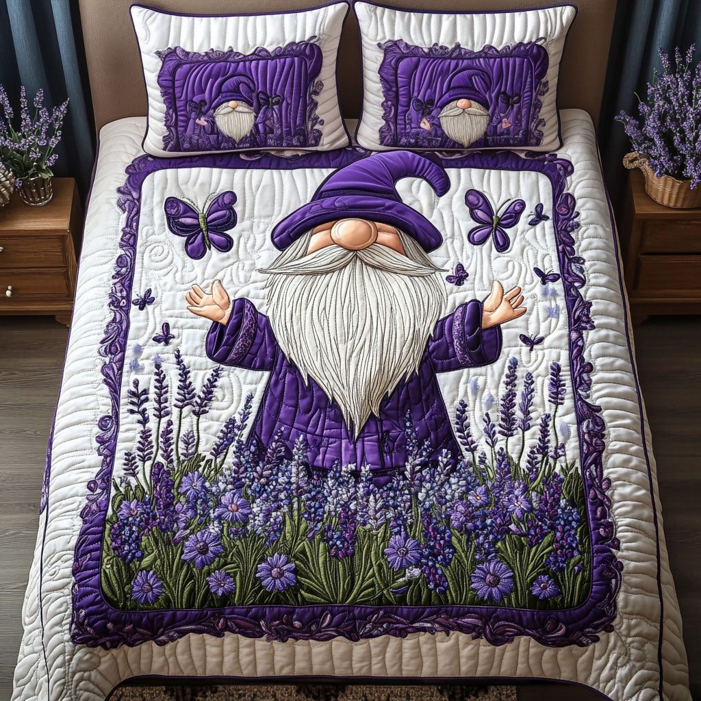 Gnome in Bloom quilted 3-piece bedding set on a made bed in a winter-styled bedroom