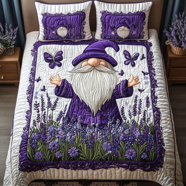 Gnome in Bloom quilted 3-piece bedding set on a made bed in a winter-styled bedroom