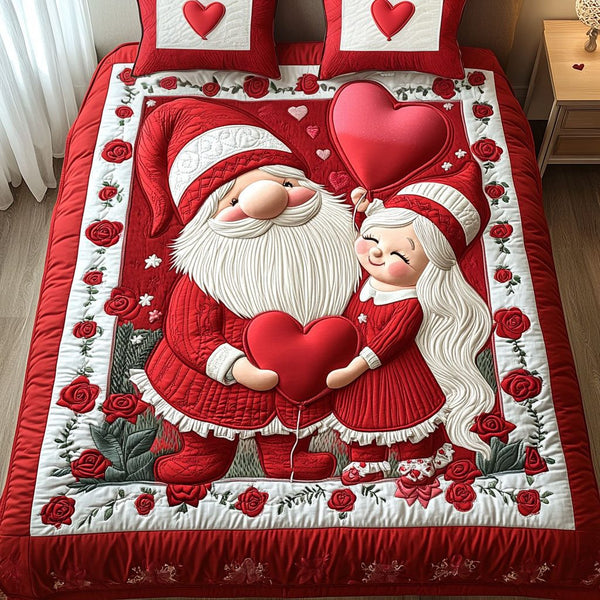 Gnome in Love quilted 3-piece bedding set on a made bed in a winter-styled bedroom