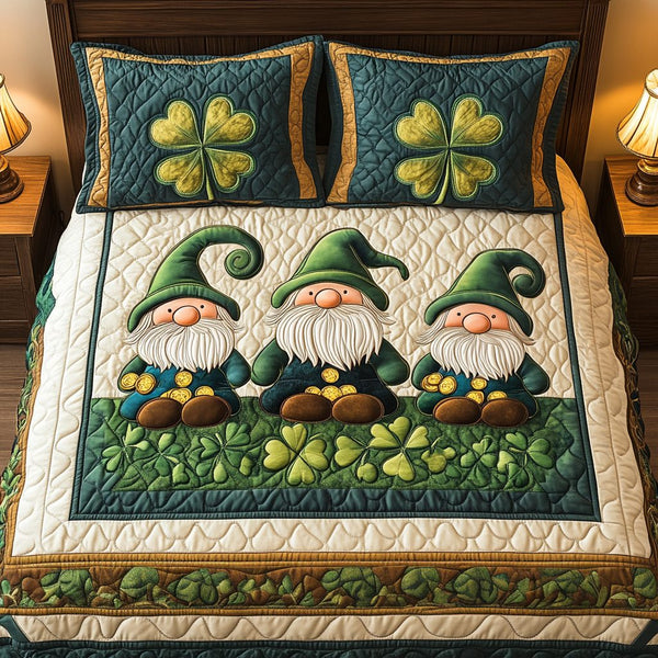 Gnome in Luckland quilted 3-piece bedding set on a made bed in a winter-styled bedroom