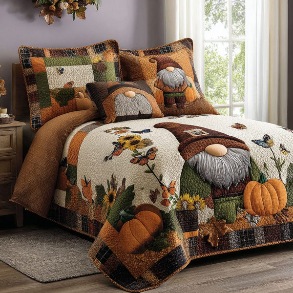 Gnome in the Patch quilted 3-piece bedding set on a made bed in a winter-styled bedroom