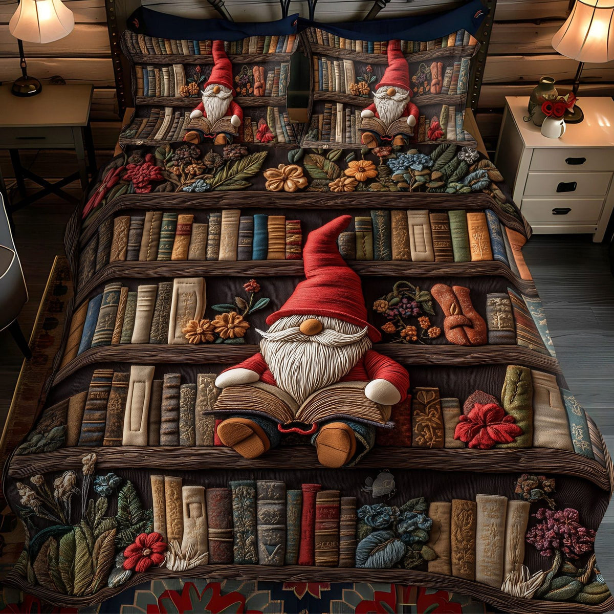 Gnome in the Stacks quilted 3-piece bedding set on a made bed in a winter-styled bedroom