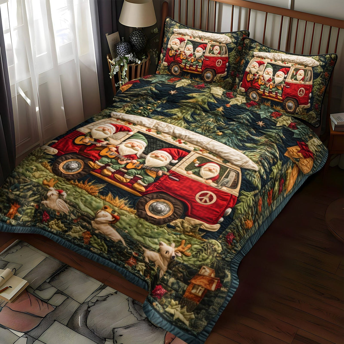 Gnome Jam Session quilted 3-piece bedding set on a made bed in a winter-styled bedroom