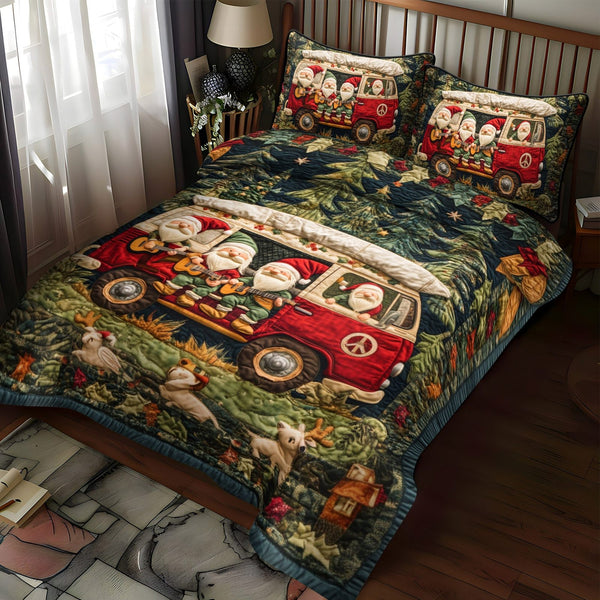 Gnome Jam Session quilted 3-piece bedding set on a made bed in a winter-styled bedroom