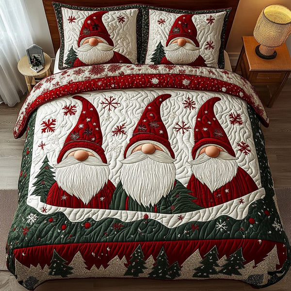 Gnome Joy quilted 3-piece bedding set on a made bed in a winter-styled bedroom