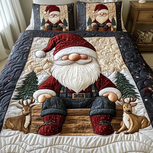 Gnome Joy quilted 3-piece bedding set on a made bed in a winter-styled bedroom