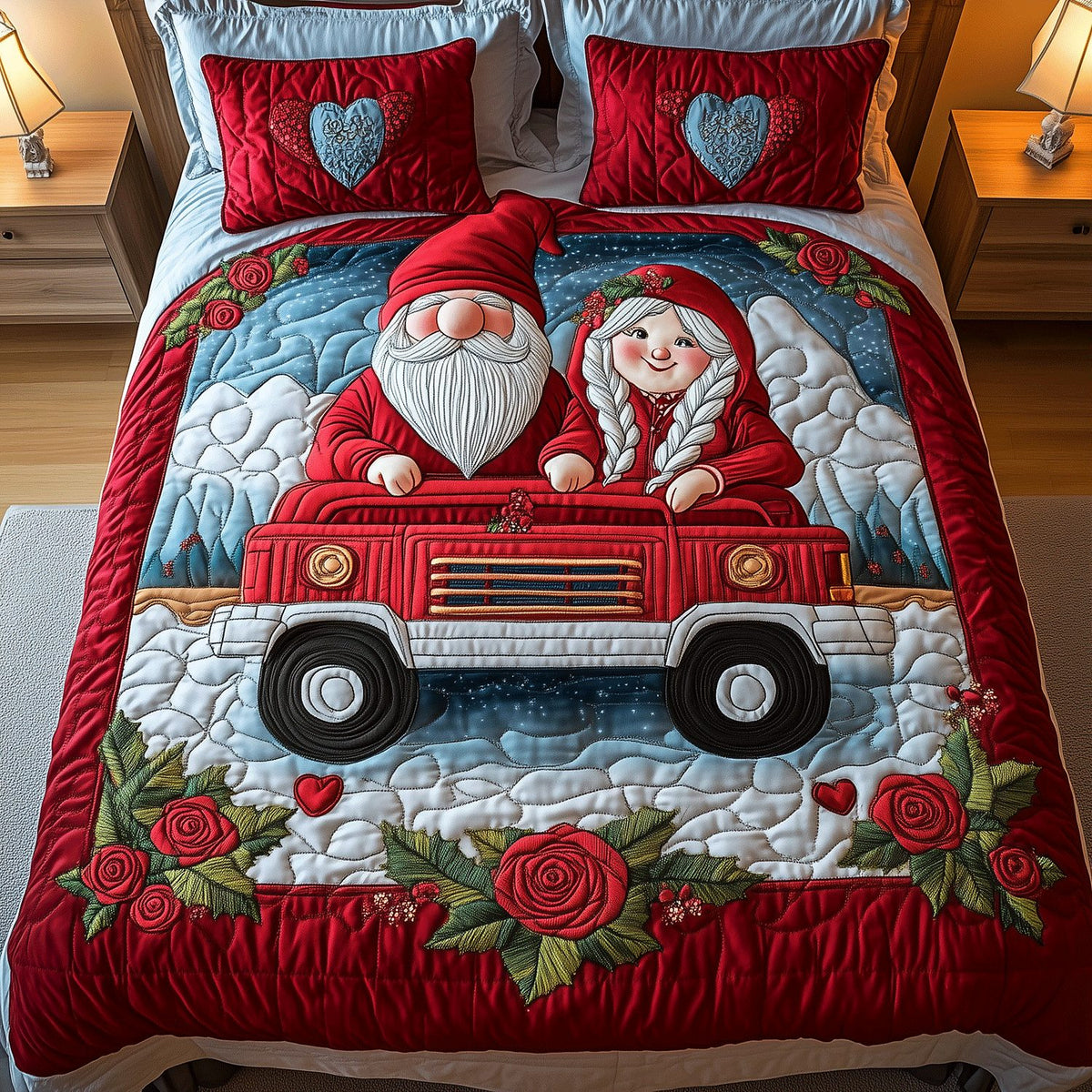 Gnome Love Highway quilted 3-piece bedding set on a made bed in a winter-styled bedroom