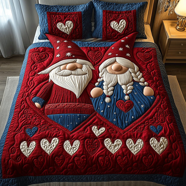 Gnome Love Nest quilted 3-piece bedding set on a made bed in a winter-styled bedroom