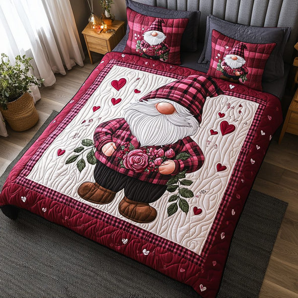 Gnome Love quilted 3-piece bedding set on a made bed in a winter-styled bedroom