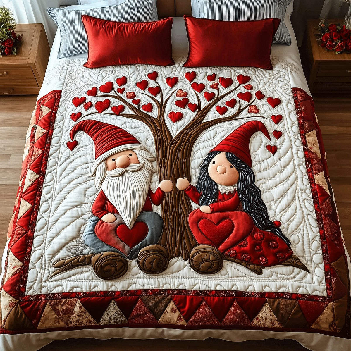 Gnome Love quilted 3-piece bedding set on a made bed in a winter-styled bedroom