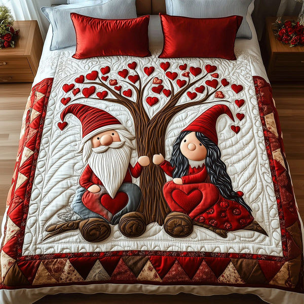 Gnome Love quilted 3-piece bedding set on a made bed in a winter-styled bedroom