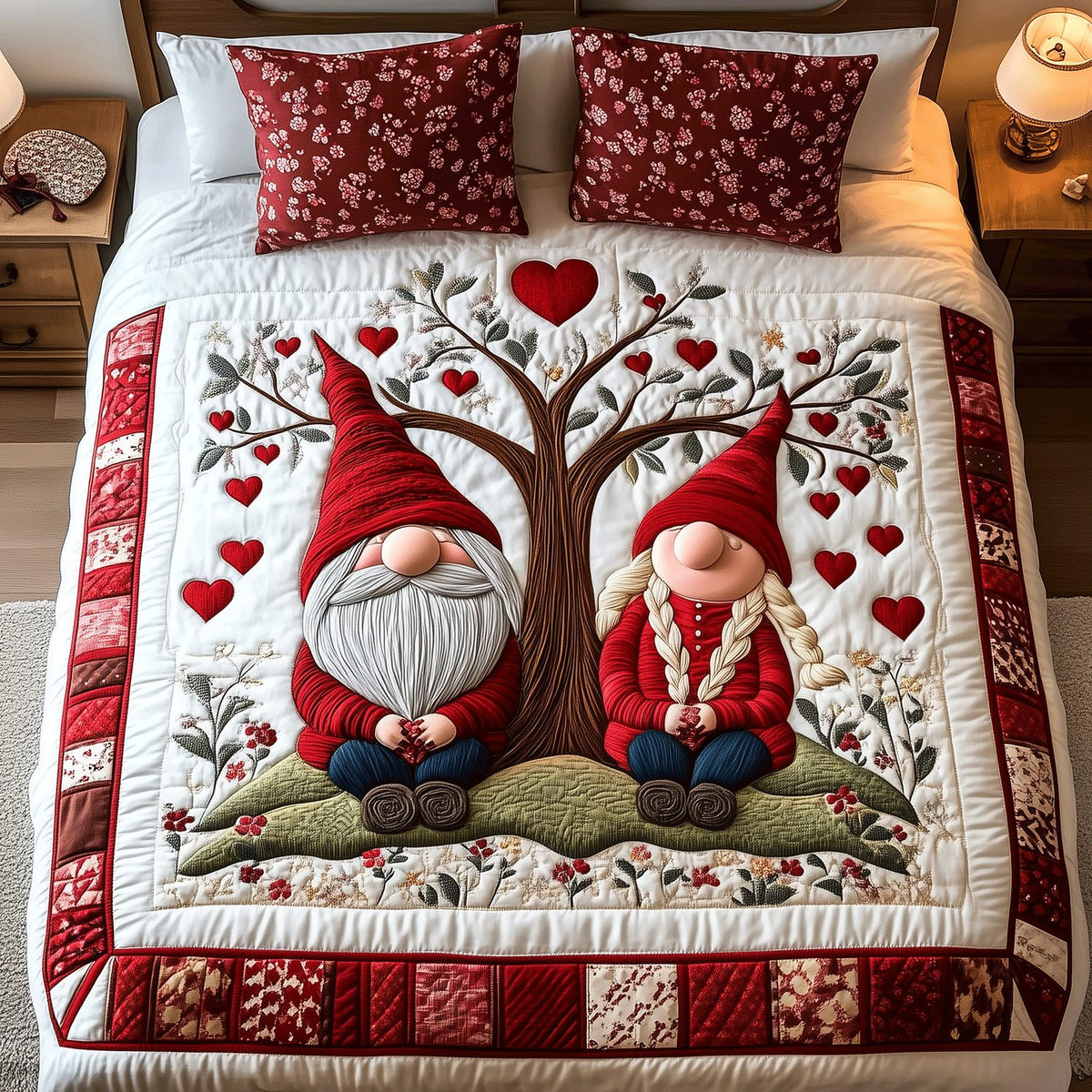 Gnome Love Serenade quilted 3-piece bedding set on a made bed in a winter-styled bedroom