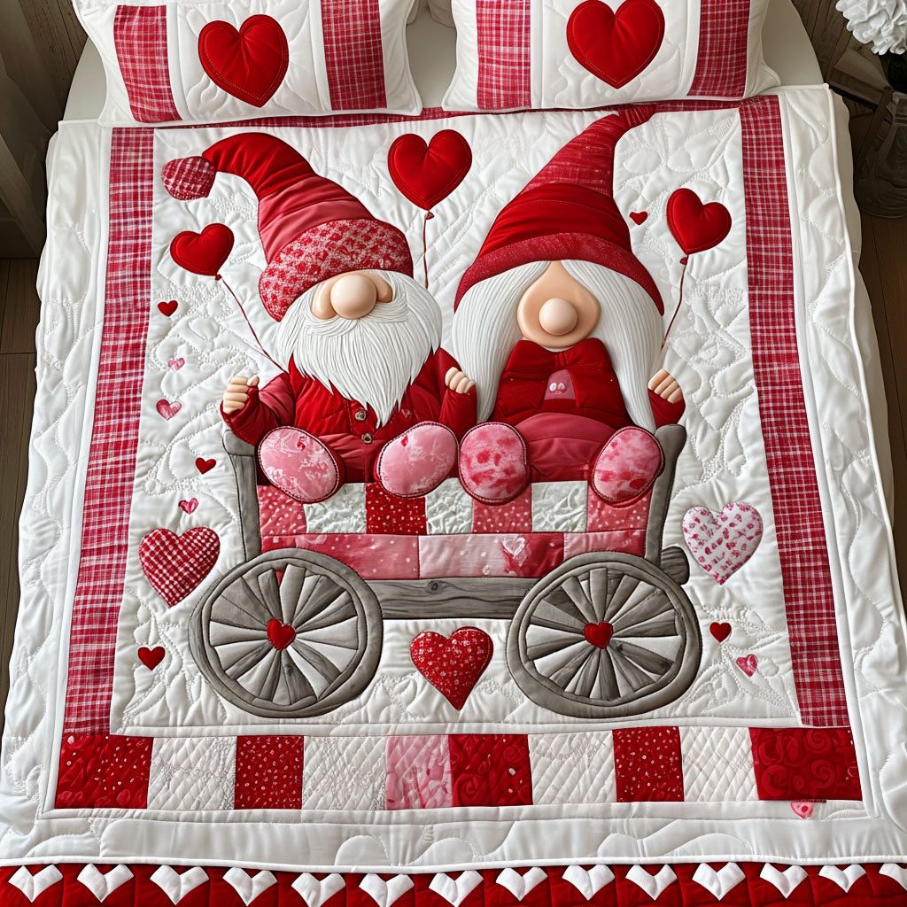 Gnome Love Tales quilted 3-piece bedding set on a made bed in a winter-styled bedroom