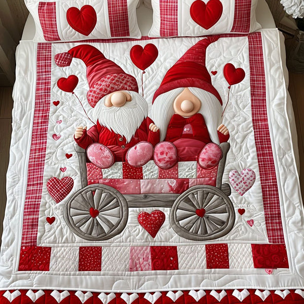 Gnome Love Tales quilted 3-piece bedding set on a made bed in a winter-styled bedroom