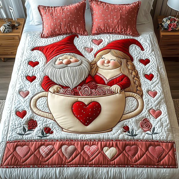 Gnome Lovers quilted 3-piece bedding set on a made bed in a winter-styled bedroom