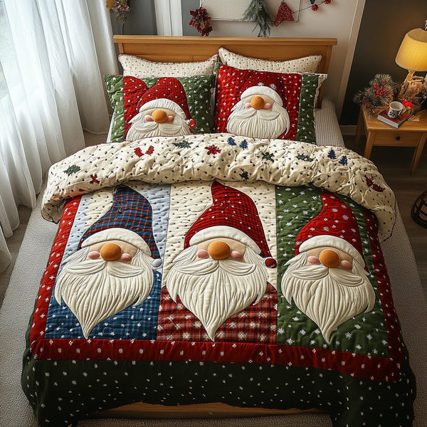 Gnome Magic quilted 3-piece bedding set on a made bed in a winter-styled bedroom
