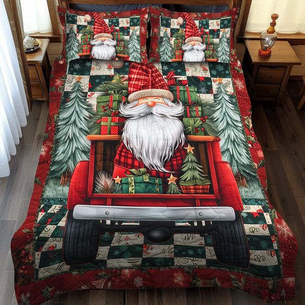 Gnome Magic quilted 3-piece bedding set on a made bed in a winter-styled bedroom