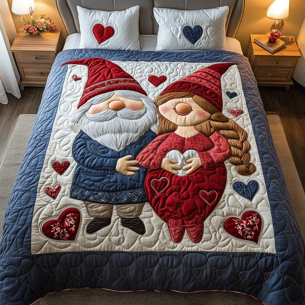 Gnome of Love quilted 3-piece bedding set on a made bed in a winter-styled bedroom