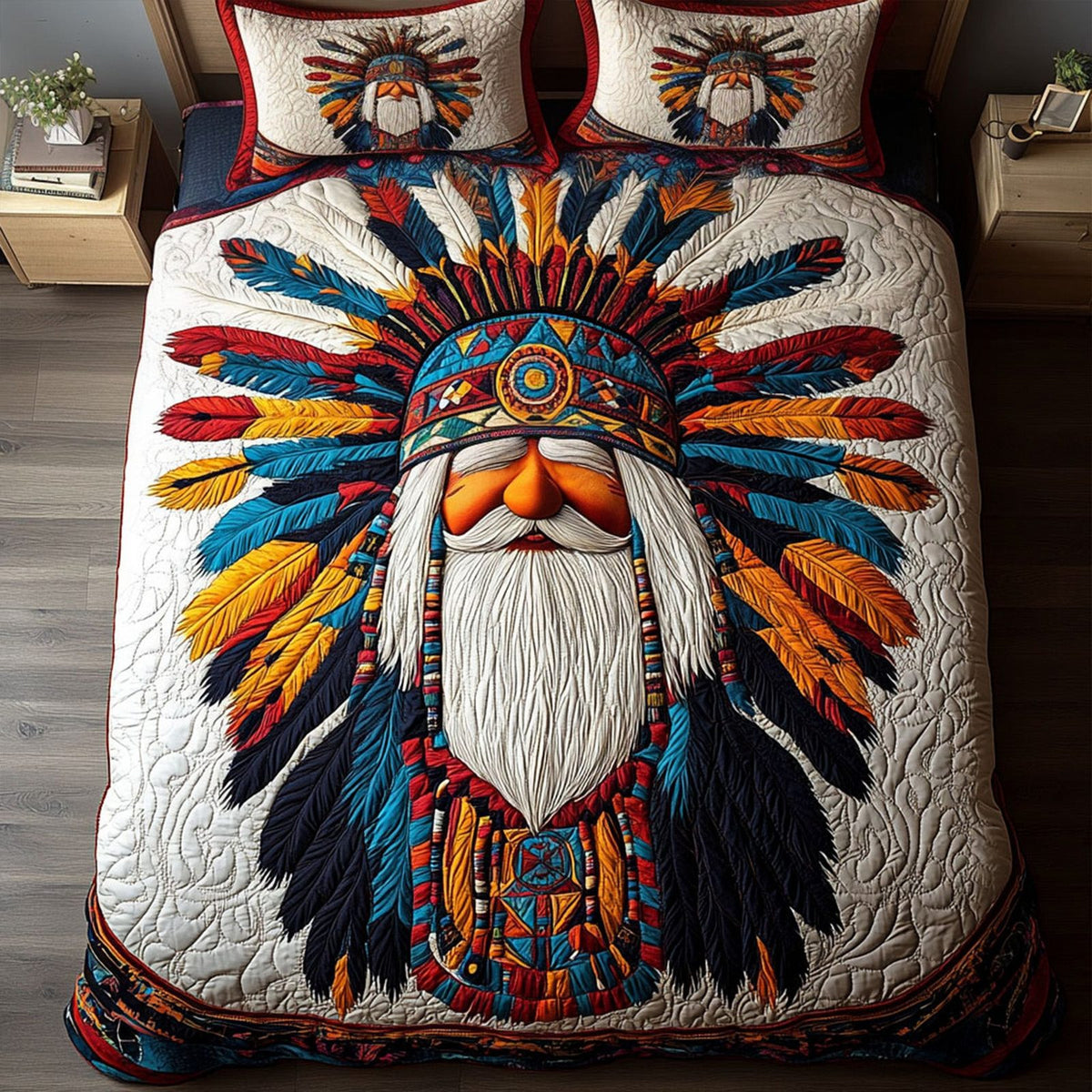 Gnome of the Sacred Hoop quilted 3-piece bedding set on a made bed in a winter-styled bedroom