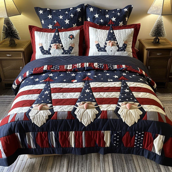 Gnome Parade quilted 3-piece bedding set on a made bed in a winter-styled bedroom