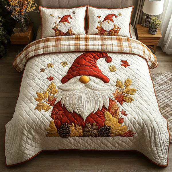 Gnome Parade quilted 3-piece bedding set on a made bed in a winter-styled bedroom