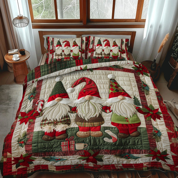 Gnome Parade quilted 3-piece bedding set on a made bed in a winter-styled bedroom