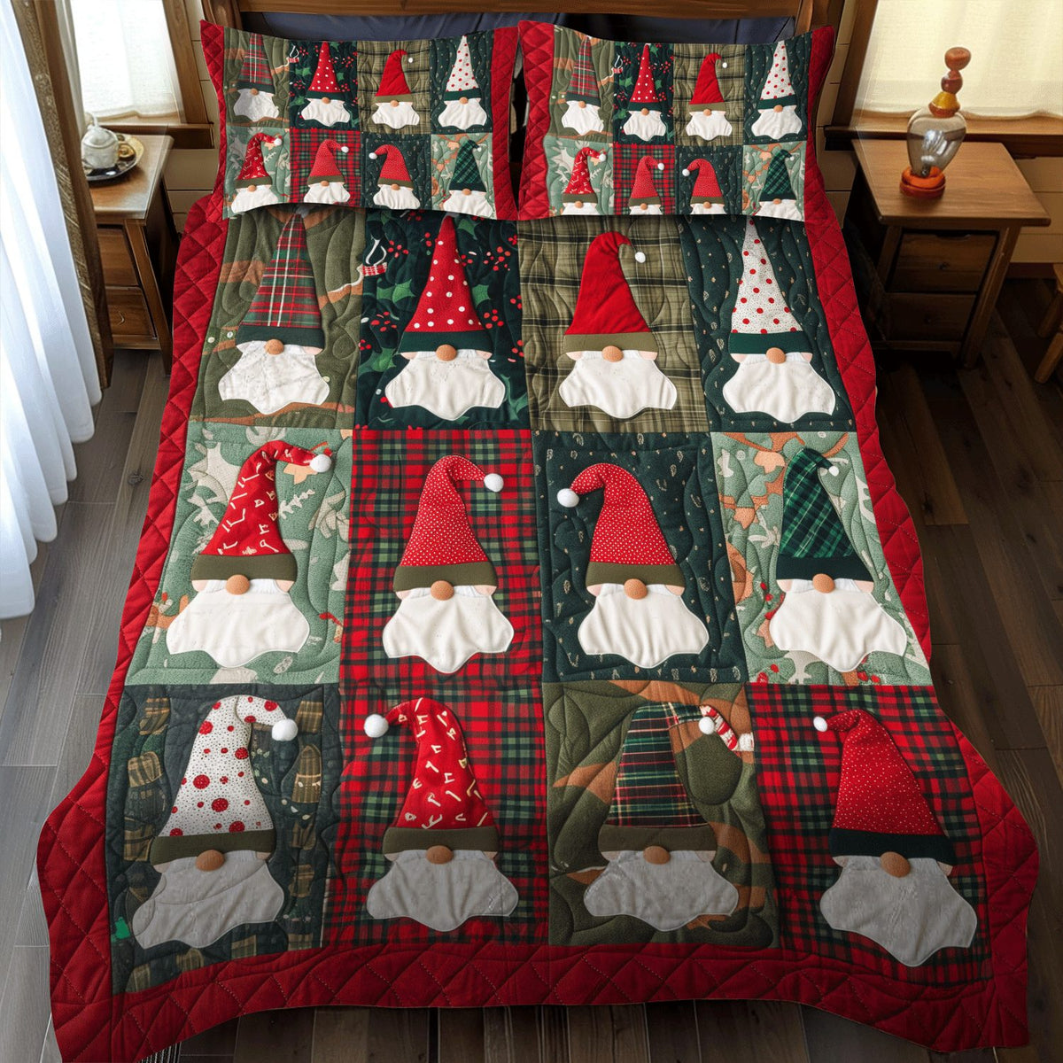 Gnome Party quilted 3-piece bedding set on a made bed in a winter-styled bedroom