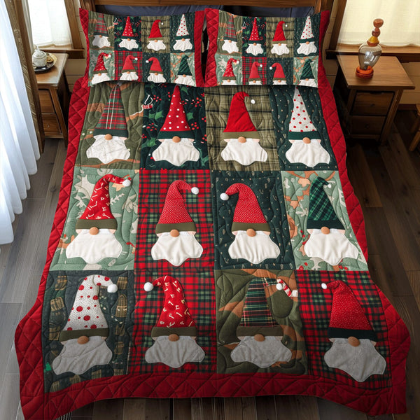 Gnome Party quilted 3-piece bedding set on a made bed in a winter-styled bedroom
