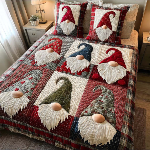Gnome Patchwork quilted 3-piece bedding set on a made bed in a winter-styled bedroom