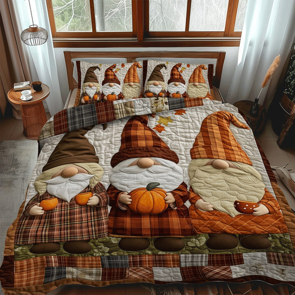 Gnome Pumpkin Parade quilted 3-piece bedding set on a made bed in a winter-styled bedroom