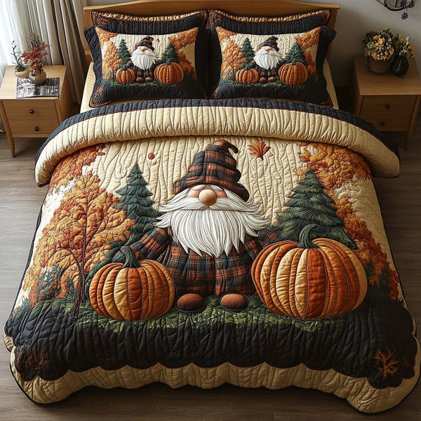 Gnome Pumpkin Patch quilted 3-piece bedding set on a made bed in a winter-styled bedroom