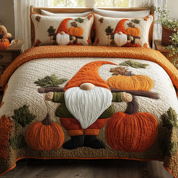 Gnome quilted 3-piece bedding set on a made bed in a winter-styled bedroom