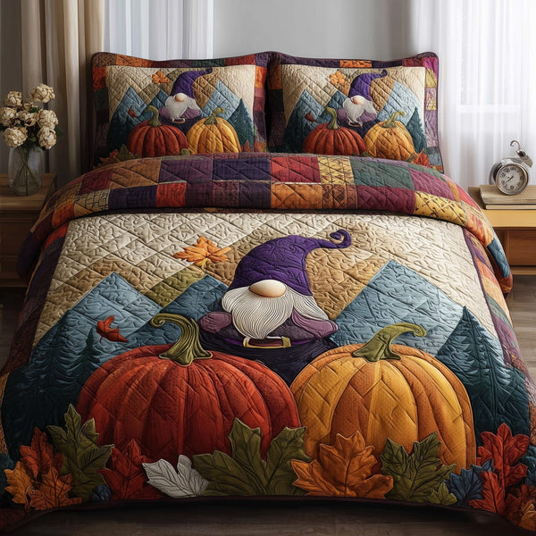 Gnome quilted 3-piece bedding set on a made bed in a winter-styled bedroom