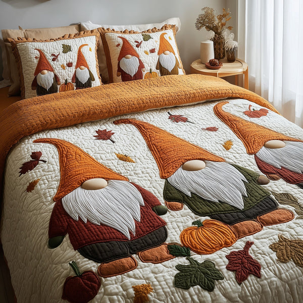 Gnome quilted 3-piece bedding set on a made bed in a winter-styled bedroom