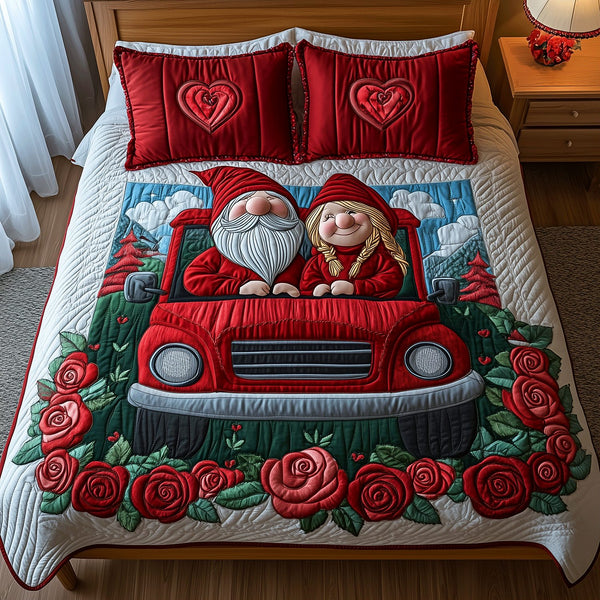 Gnome Roadside Romance quilted 3-piece bedding set on a made bed in a winter-styled bedroom