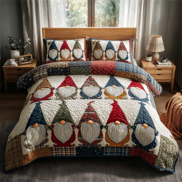 Gnome Spirit quilted 3-piece bedding set on a made bed in a winter-styled bedroom