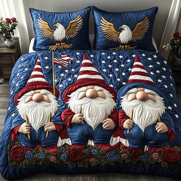 Gnome Spirit quilted 3-piece bedding set on a made bed in a winter-styled bedroom