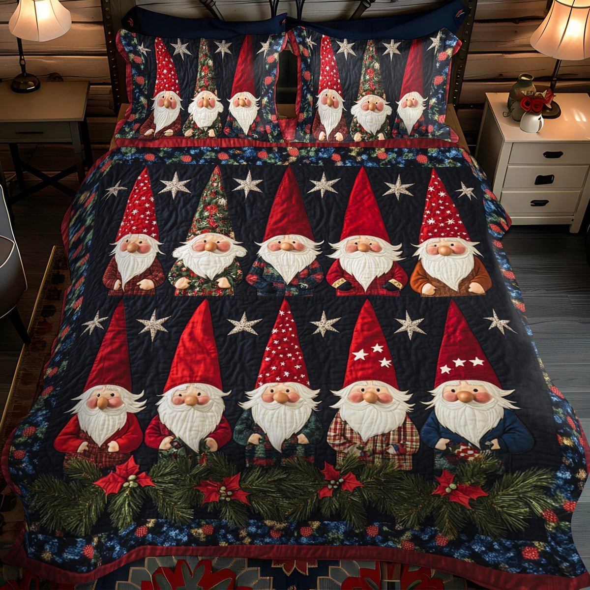 Gnome Starry Dream quilted 3-piece bedding set on a made bed in a winter-styled bedroom