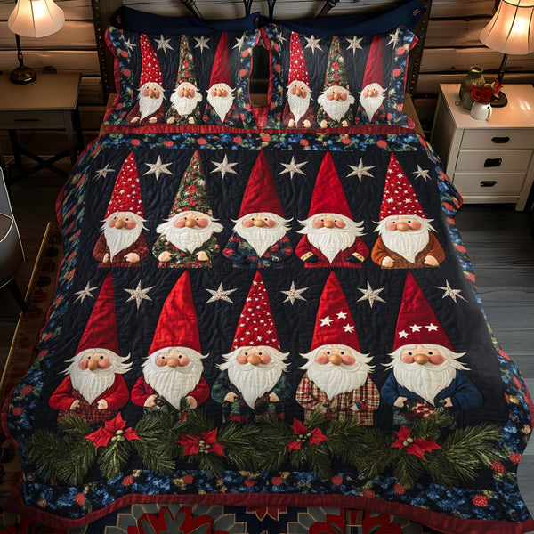 Gnome Starry Dream quilted 3-piece bedding set on a made bed in a winter-styled bedroom